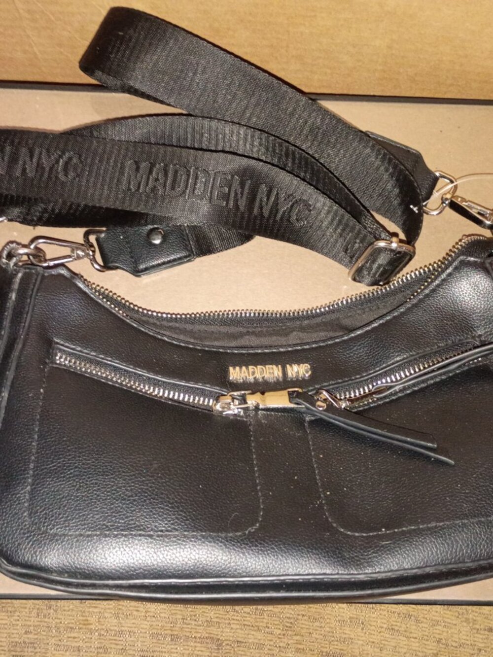 Leather Madden NYC shoulder bag with detachable Madden embroidery strap